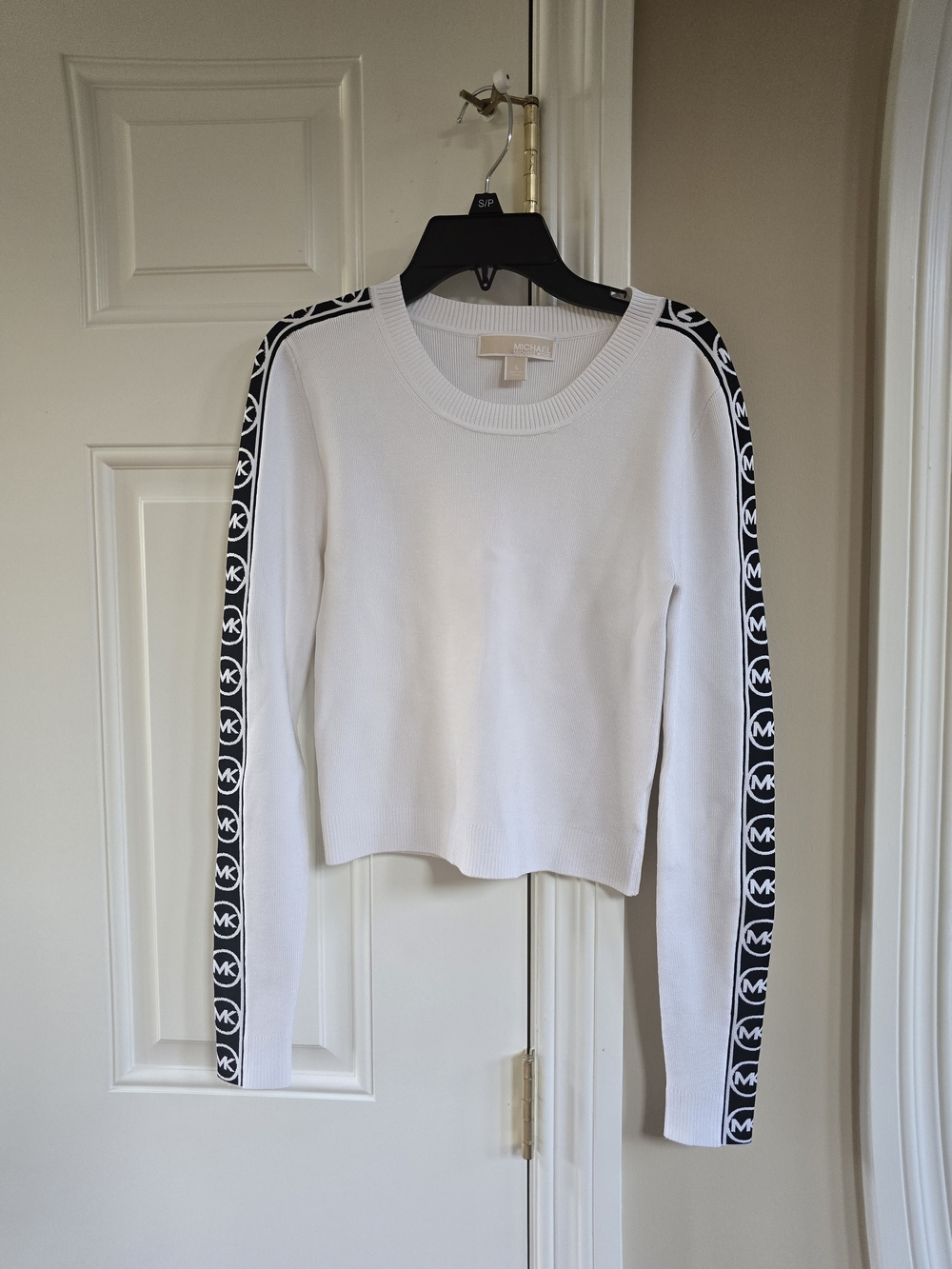 Michael Kors White Knit Crewneck Sweater with Logo Tape